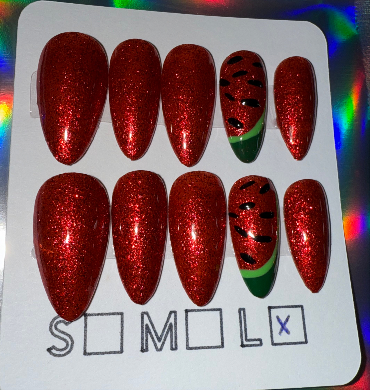 Red Glitter Press-On Nails – Medium Almond Shape with Watermelon Accent