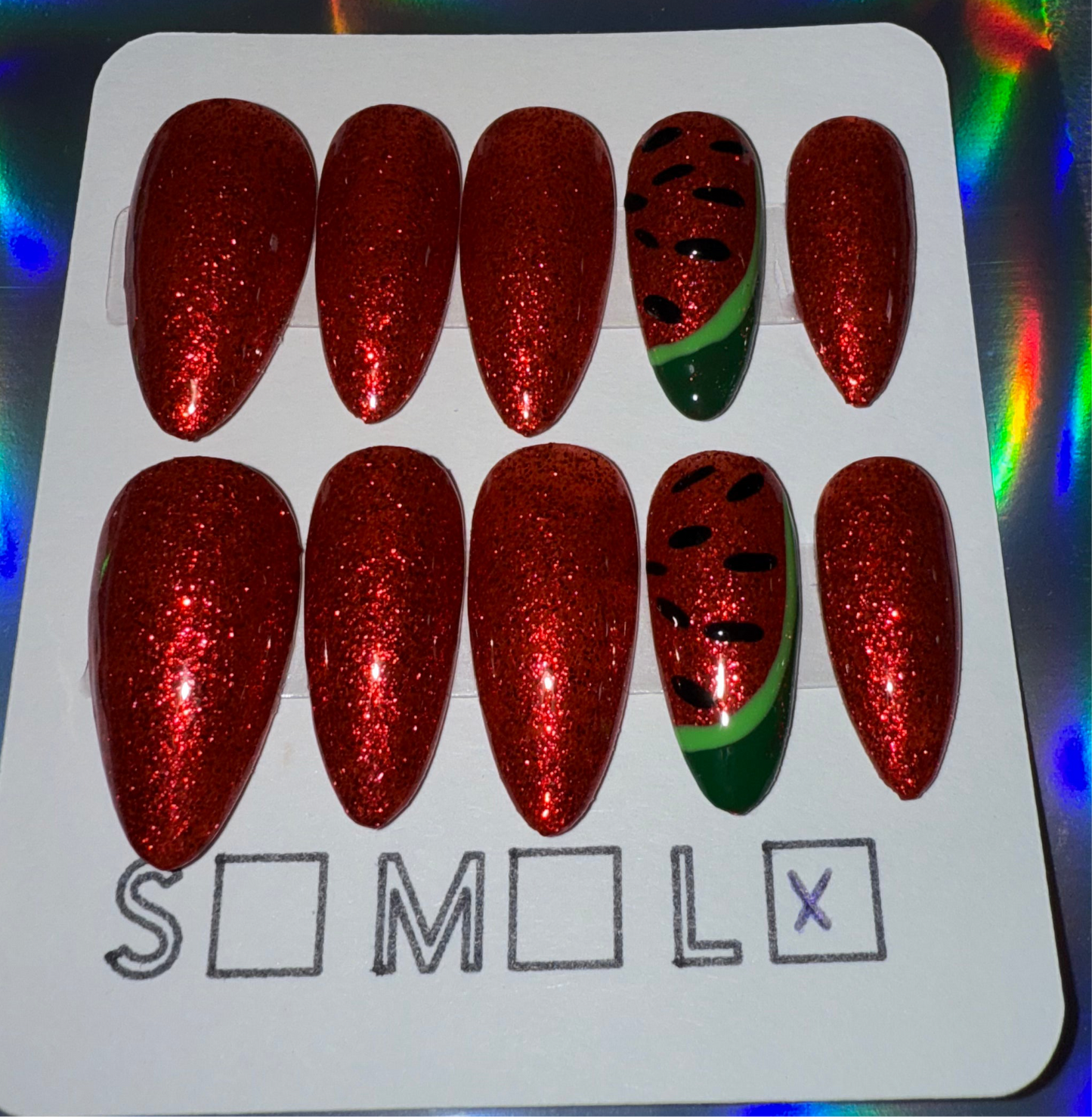 Red Glitter Press-On Nails – Medium Almond Shape with Watermelon Accent