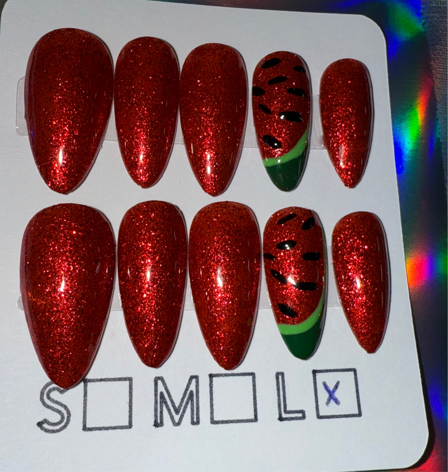 Red Glitter Press-On Nails – Medium Almond Shape with Watermelon Accent