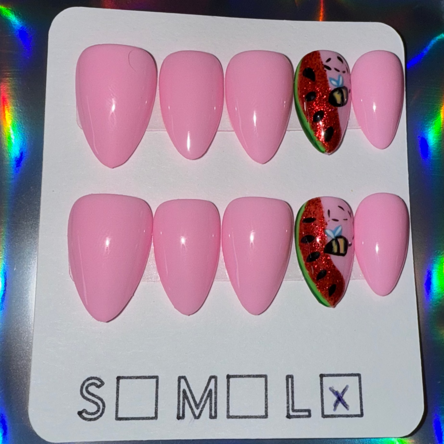 Watermelon Bee Light Pink Short Almond Press-On Nails – Reusable Gel X Set