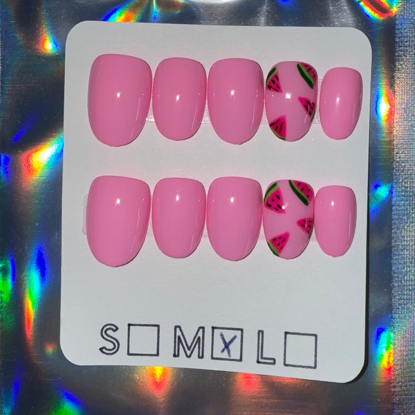 Bright Pink Watermelon Slice Short Round/Oval Press-On Nails – Reusable Gel X Set