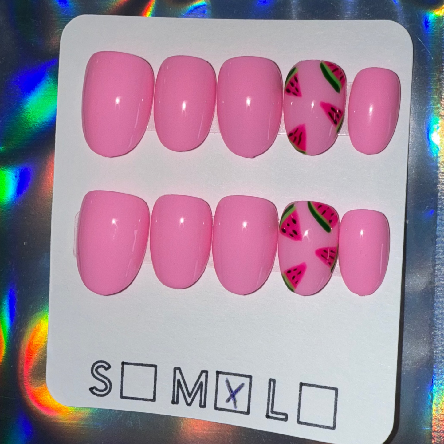 Bright Pink Watermelon Slice Short Round/Oval Press-On Nails – Reusable Gel X Set