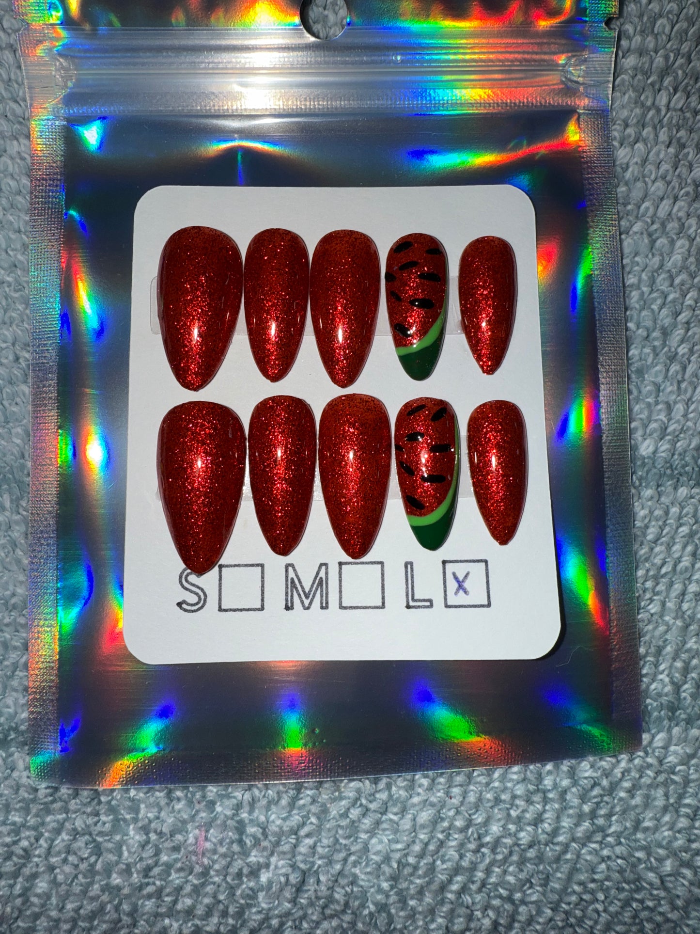 Red Glitter Press-On Nails – Medium Almond Shape with Watermelon Accent