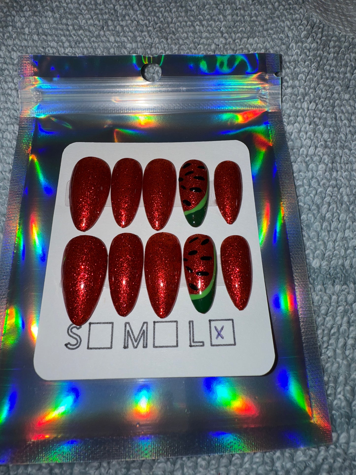 Red Glitter Press-On Nails – Medium Almond Shape with Watermelon Accent