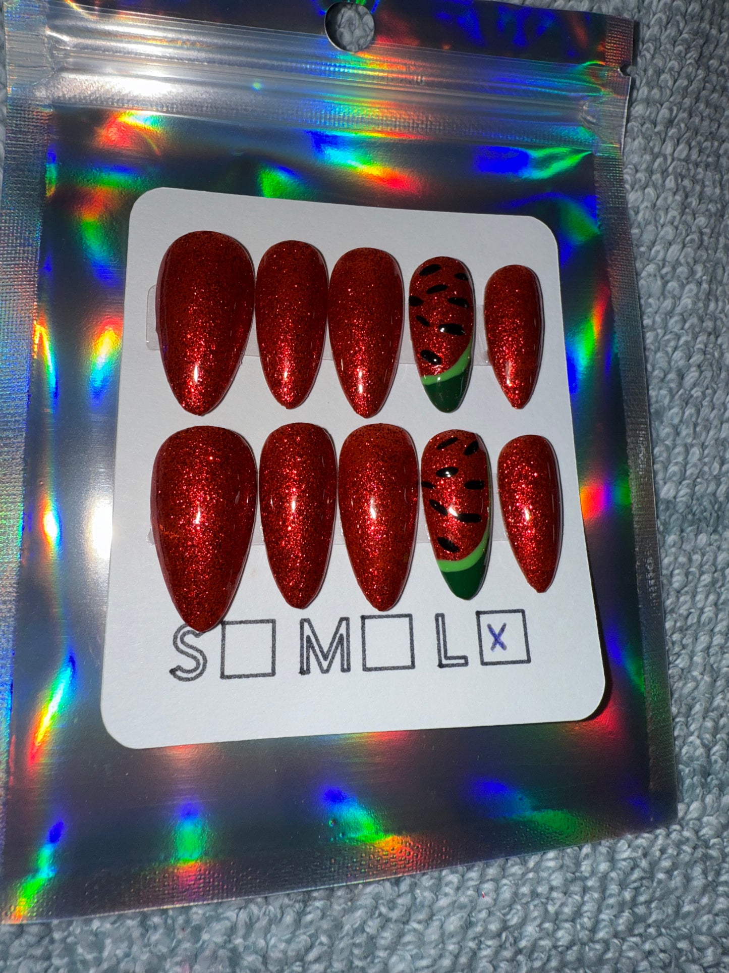 Red Glitter Press-On Nails – Medium Almond Shape with Watermelon Accent