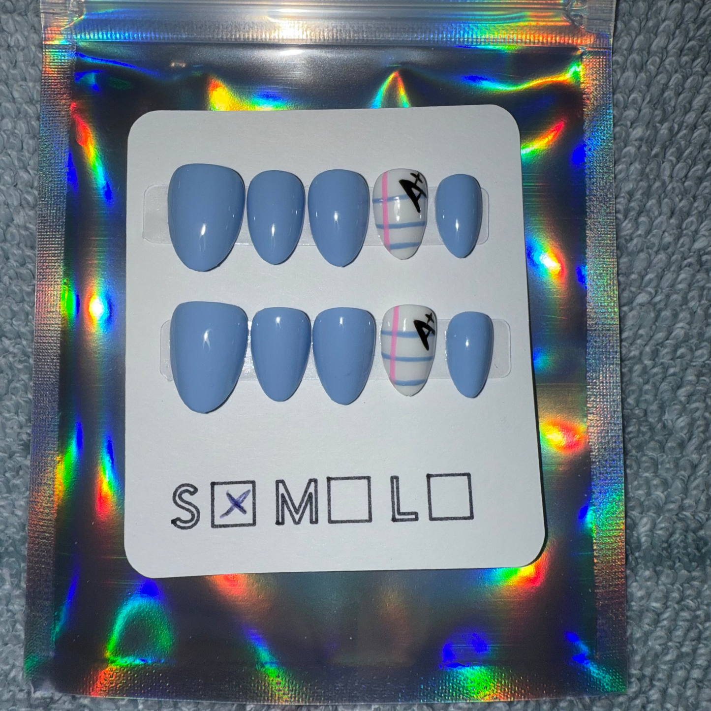 Light Blue Press-On Nails with Notebook Paper & A+ Accent – Extra Short Almond Shape