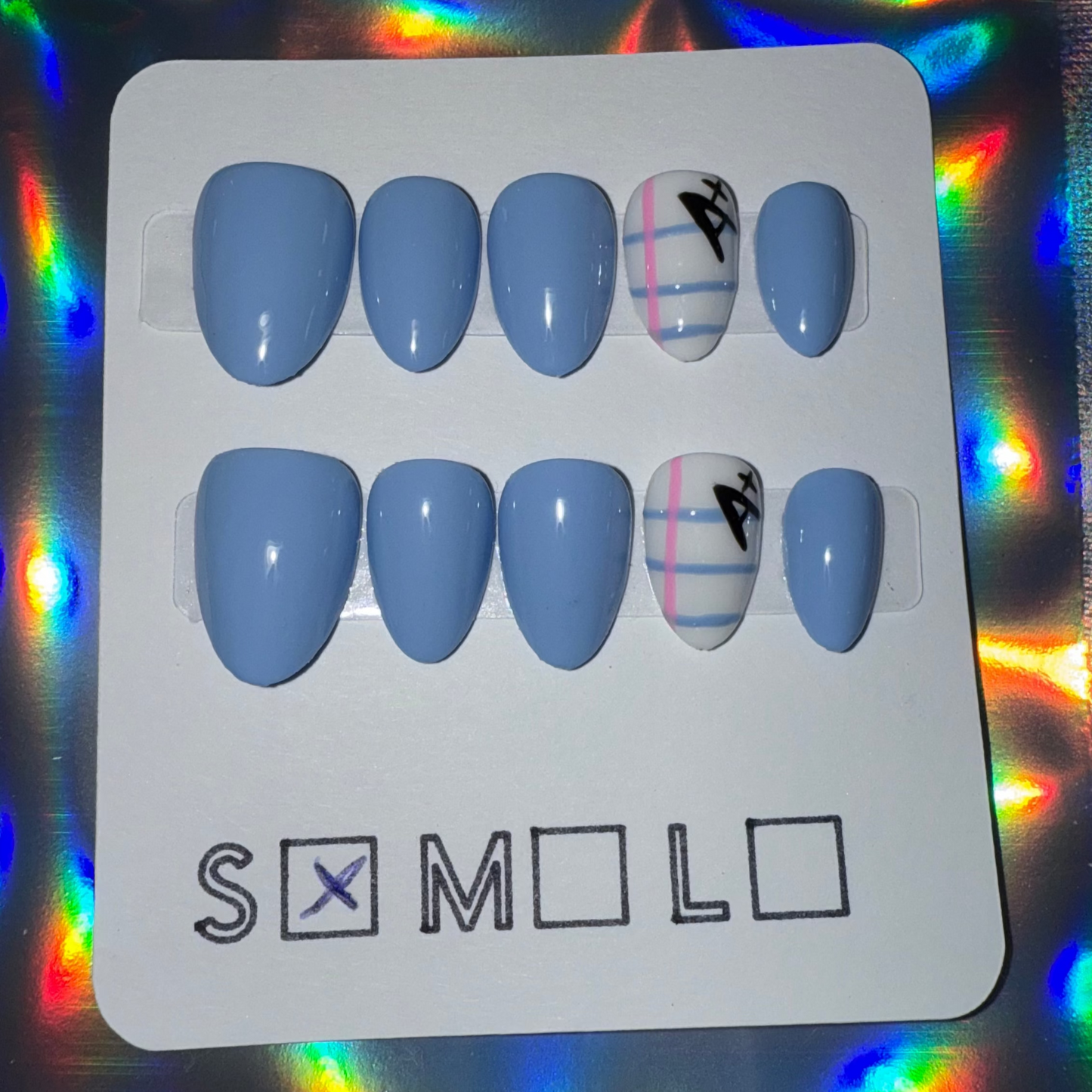 Light Blue Press-On Nails with Notebook Paper & A+ Accent – Extra Short Almond Shape