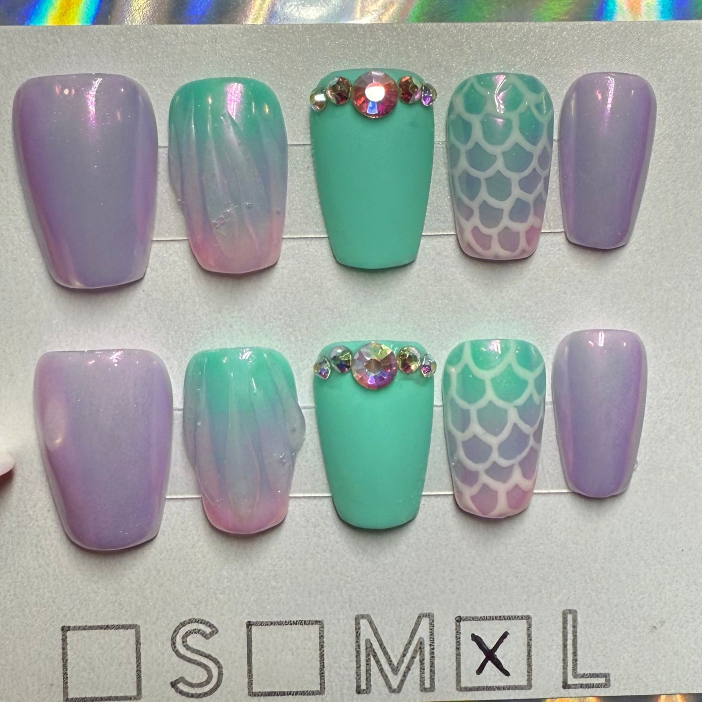 "Mermaid Vibes" Chrome & Ombre Press-On Nails | Short Coffin Size Large