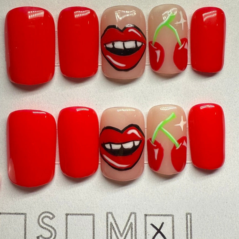 "Sweet Kisses & Cherries" Red & Nude Press-On Nails | Short Square Size Large