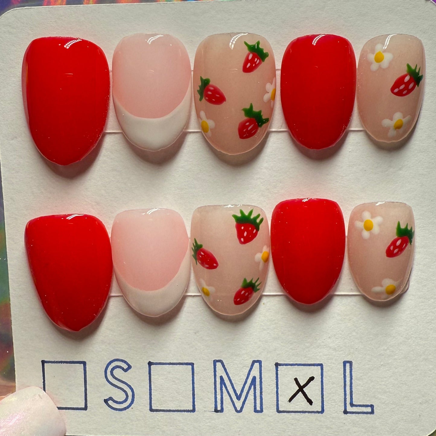 "Strawberry Sweetness" Strawberry & French Tip Press-On Nails | Short Round Size Large