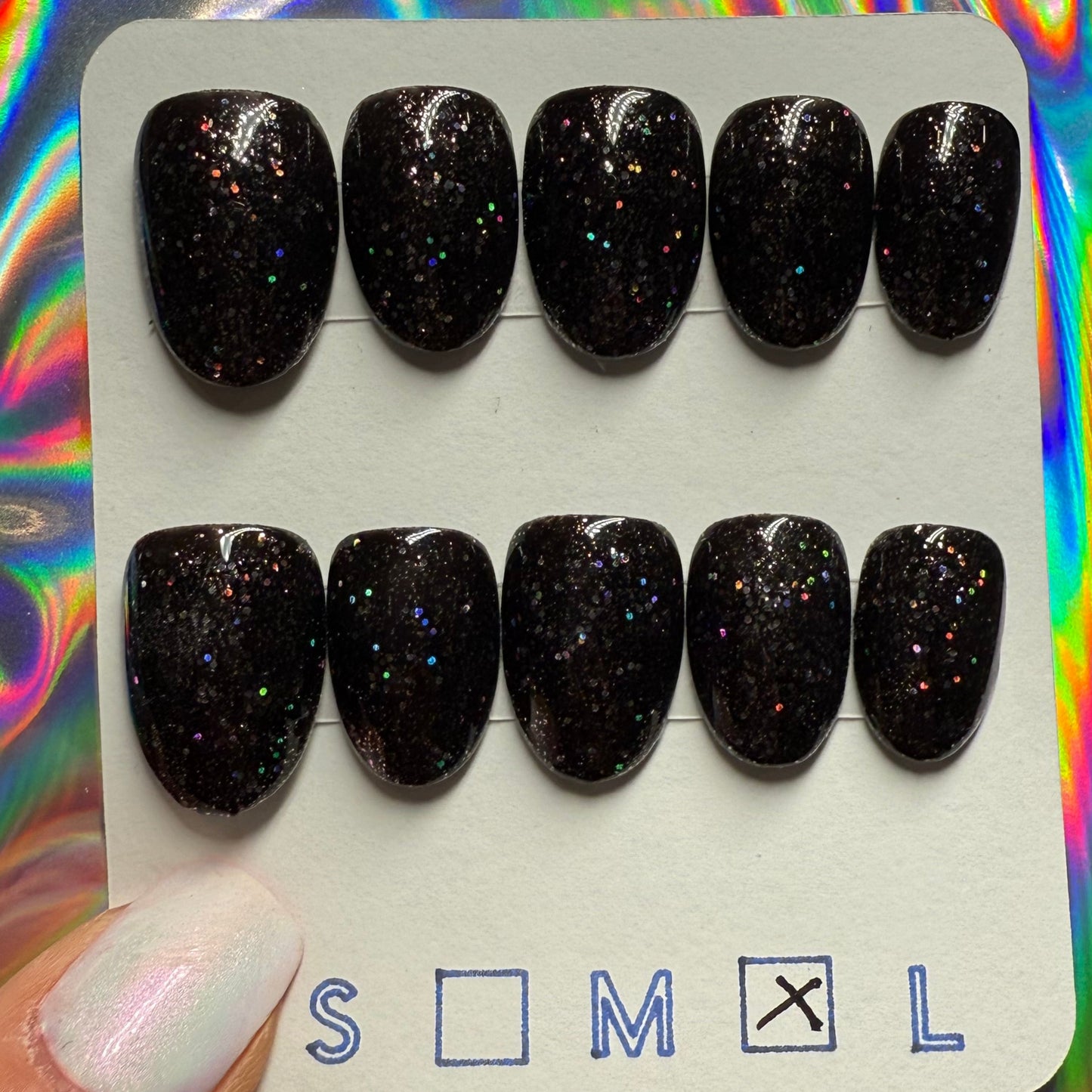 "Midnight Sparkle" Black Glitter Press-On Nails | Short Round Size Large