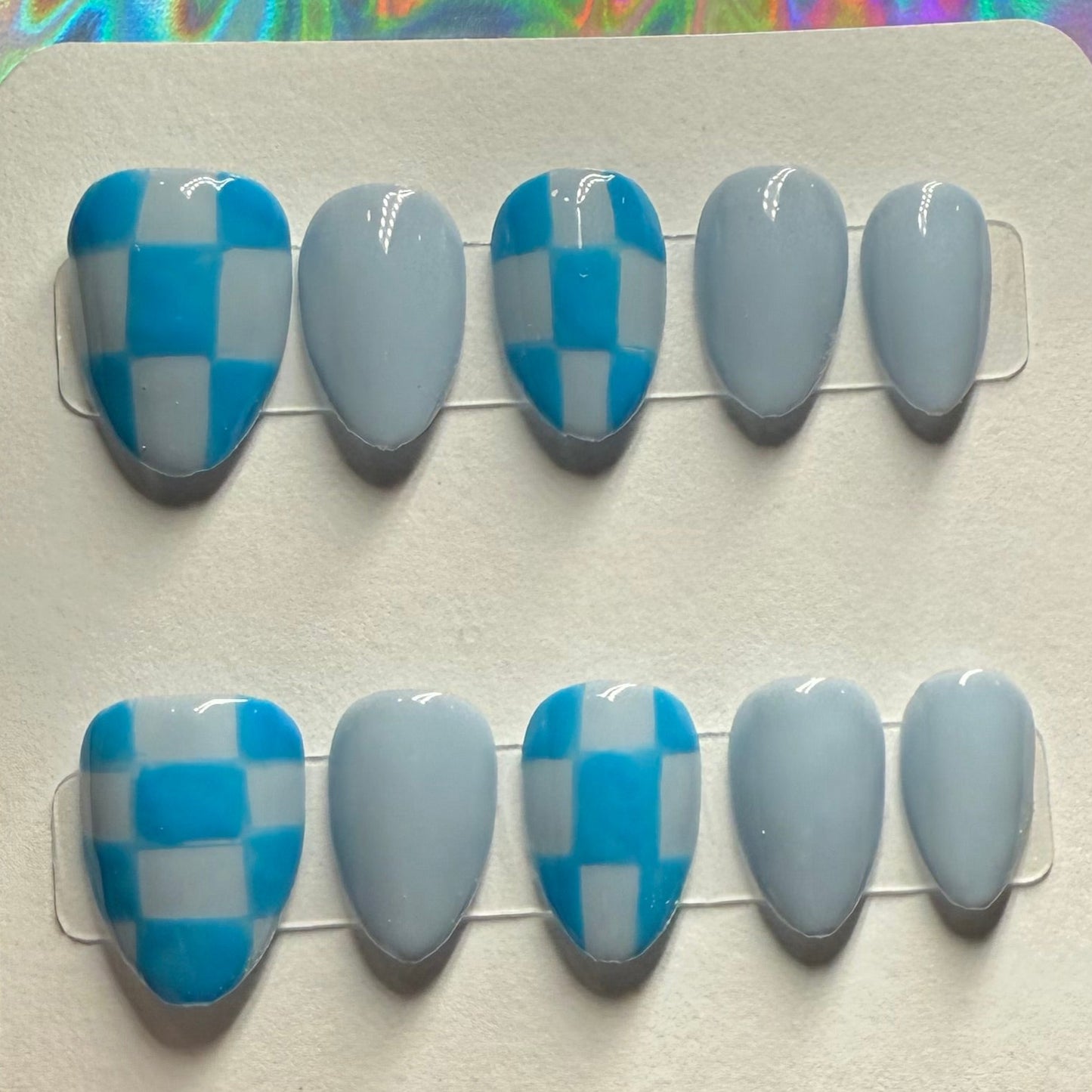 "Blue Check Bliss" Light Blue Checkerboard Press-On Nails | Extra Short Almond Size Small