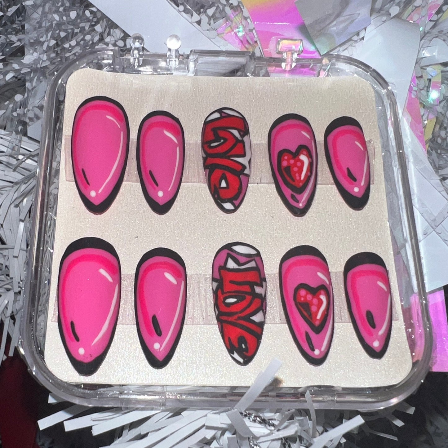 "Pop Art Love" Matte Pink Press-On Nails with "LOVE" & Heart Accents | Medium Almond Size Small