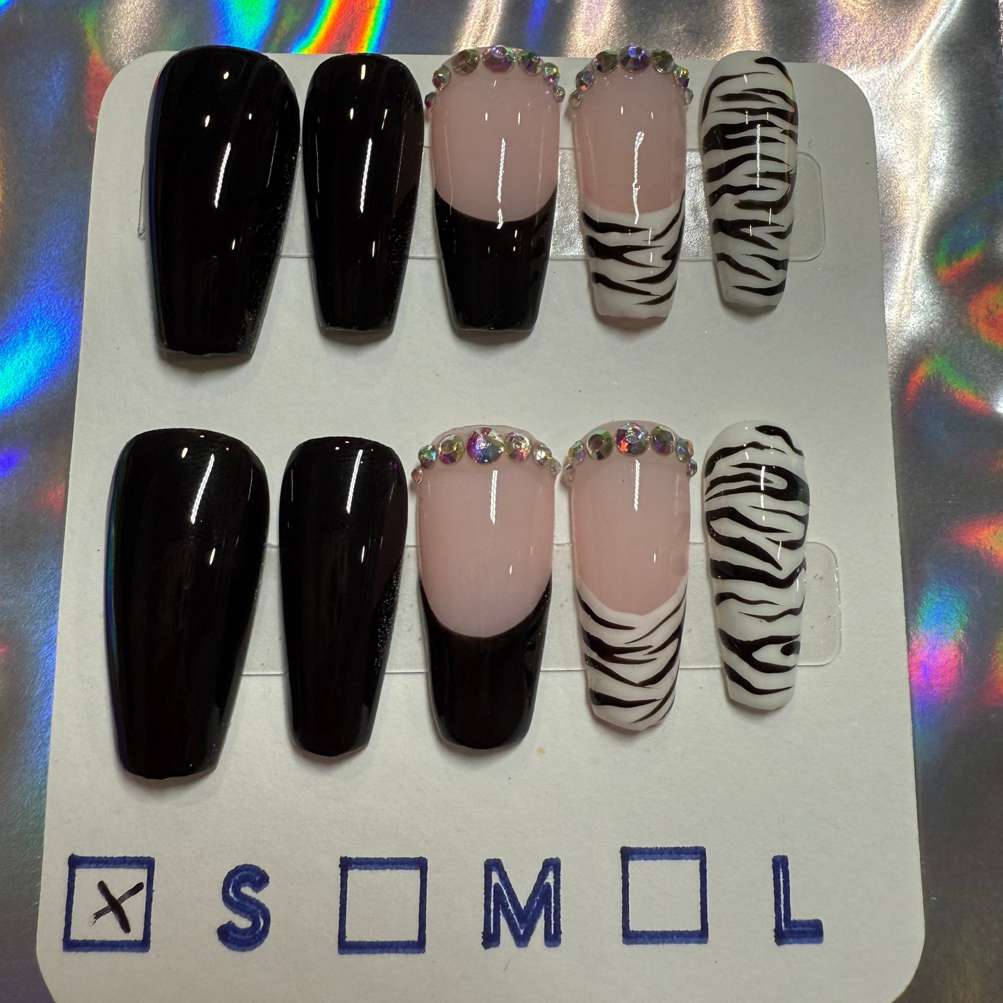 "Wild Instinct" Zebra Print & French Tip Press-On Nails | Medium Coffin Size Small