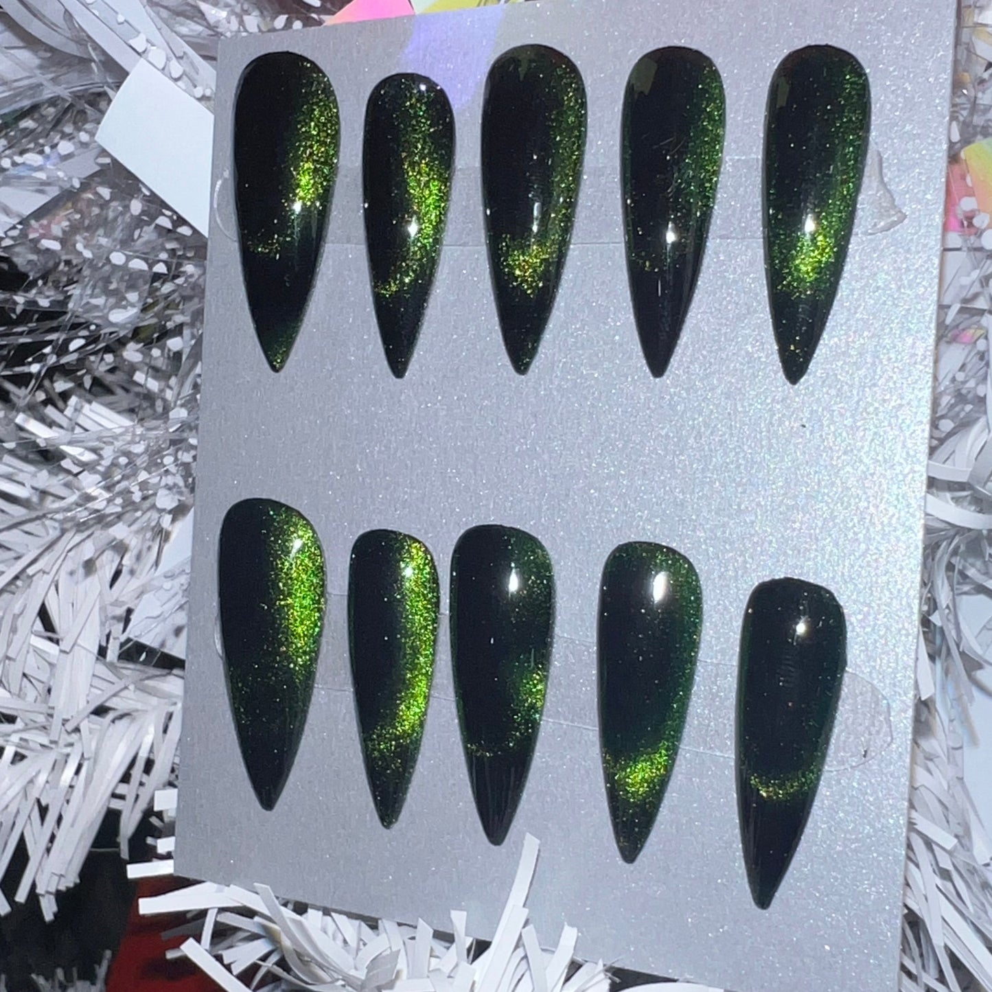 "Emerald Serpent" Green Cat Eye Press-On Nails | Long Stiletto Size Large