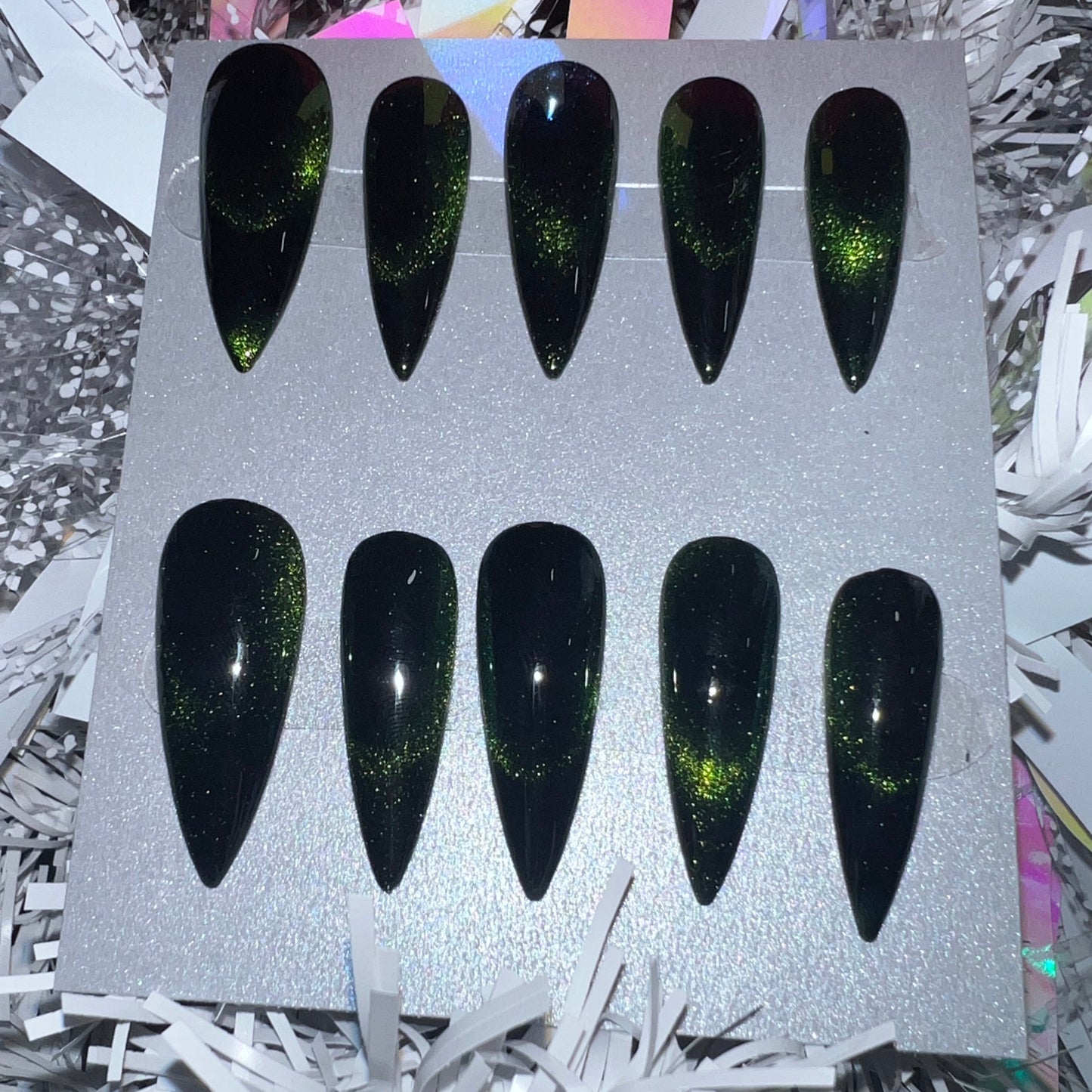 "Emerald Serpent" Green Cat Eye Press-On Nails | Long Stiletto Size Large