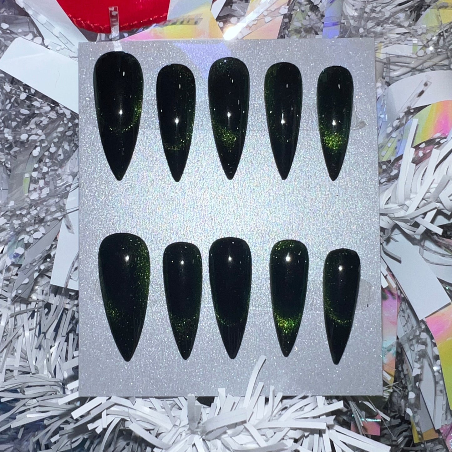 "Emerald Serpent" Green Cat Eye Press-On Nails | Long Stiletto Size Large
