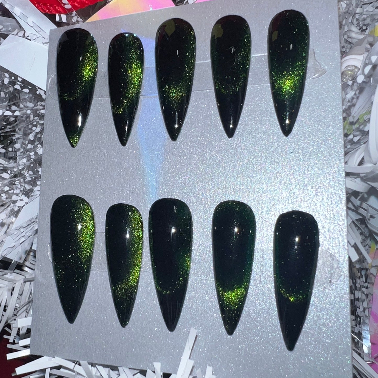 "Emerald Serpent" Green Cat Eye Press-On Nails | Long Stiletto Size Large
