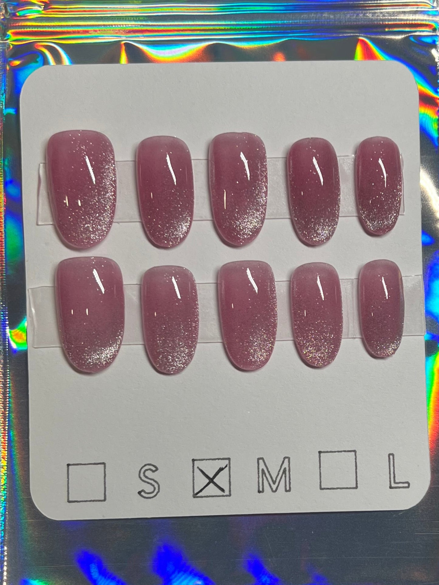 "Pink Pearl Gaze" Sheer Pink Silver Cat Eye Press-On Nails | Medium Round Size Medium
