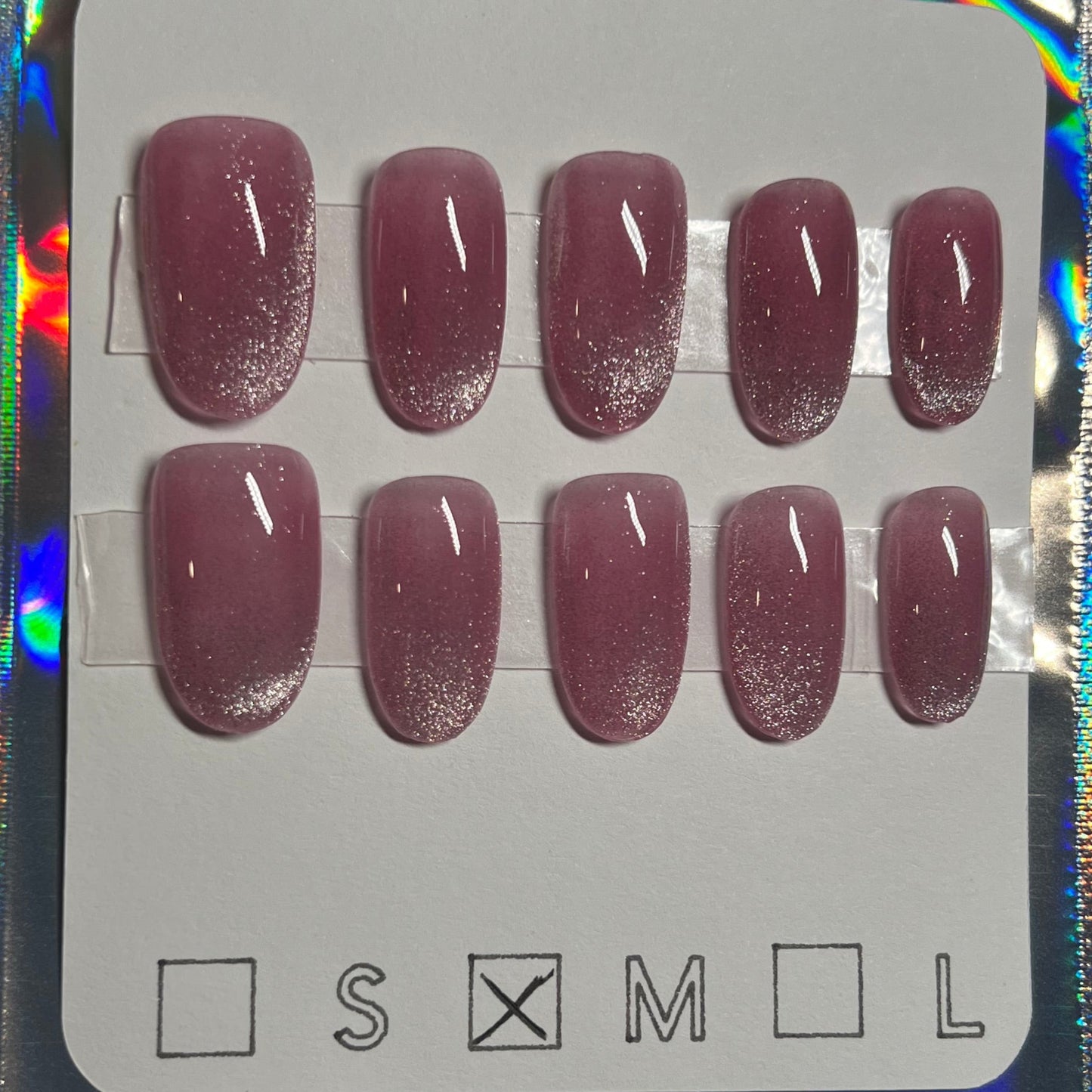 "Pink Pearl Gaze" Sheer Pink Silver Cat Eye Press-On Nails | Medium Round Size Medium