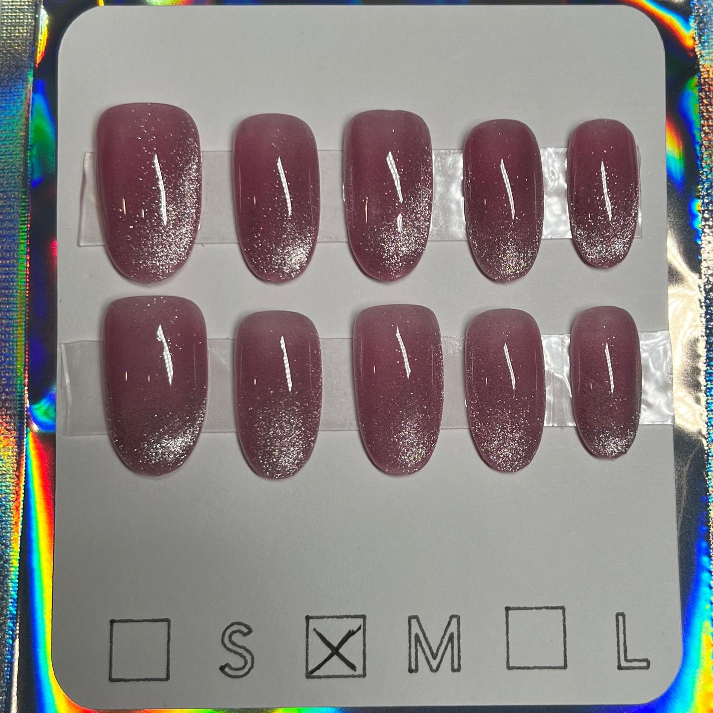 "Pink Pearl Gaze" Sheer Pink Silver Cat Eye Press-On Nails | Medium Round Size Medium