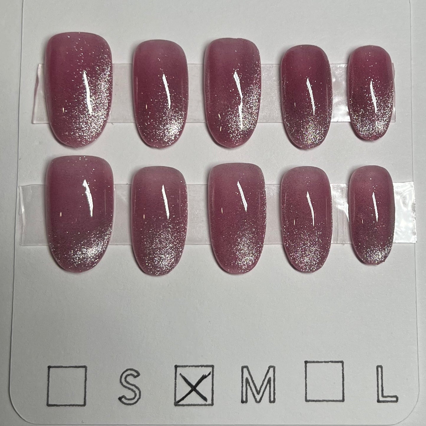 "Pink Pearl Gaze" Sheer Pink Silver Cat Eye Press-On Nails | Medium Round Size Medium