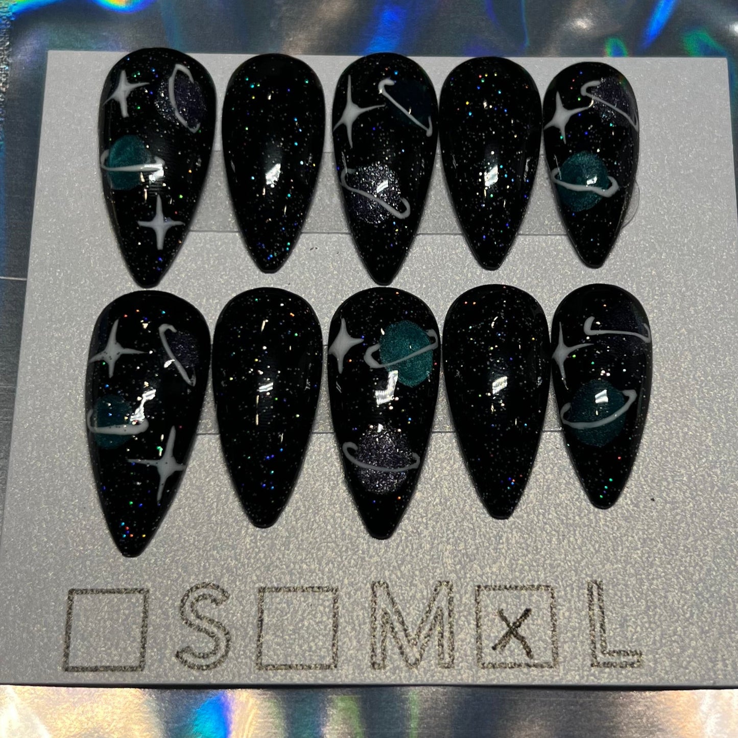 "Cosmic Enigma" Galaxy & Glitter Press-On Nails | Medium Stiletto Size Large