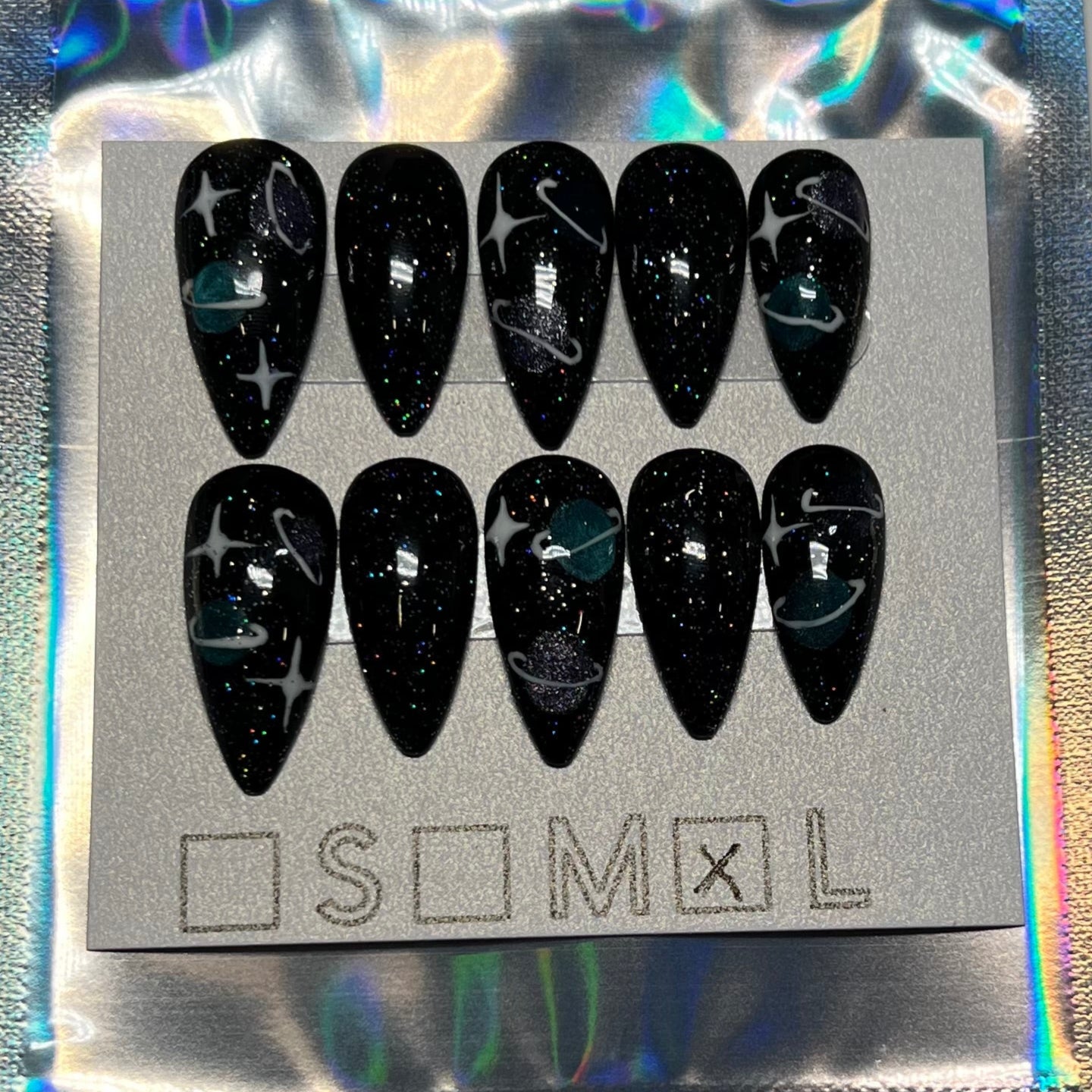 "Cosmic Enigma" Galaxy & Glitter Press-On Nails | Medium Stiletto Size Large