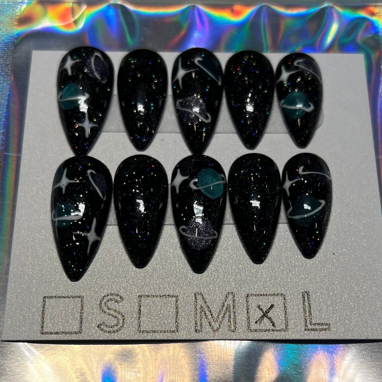 "Cosmic Enigma" Galaxy & Glitter Press-On Nails | Medium Stiletto Size Large