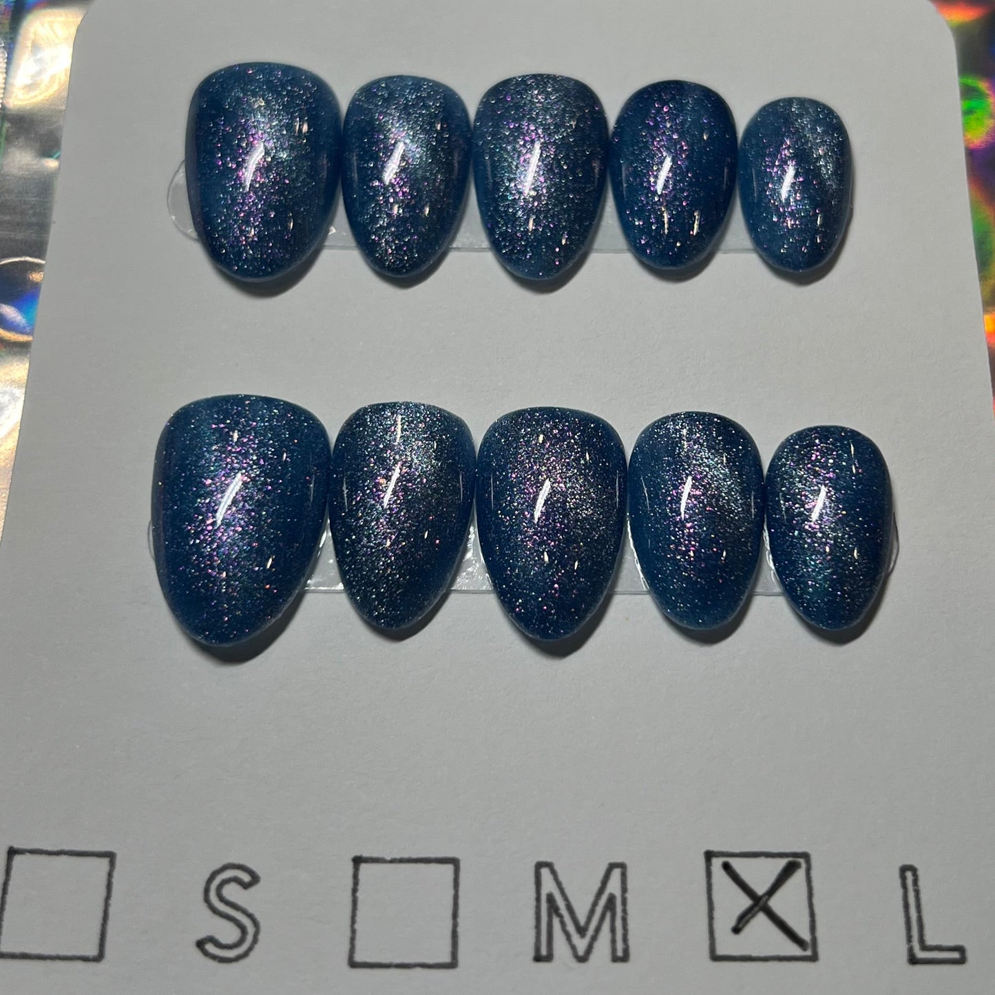 "Cosmic Ocean" Blue Sparkle Cat Eye Press-On Nails | Short Almond Size Large