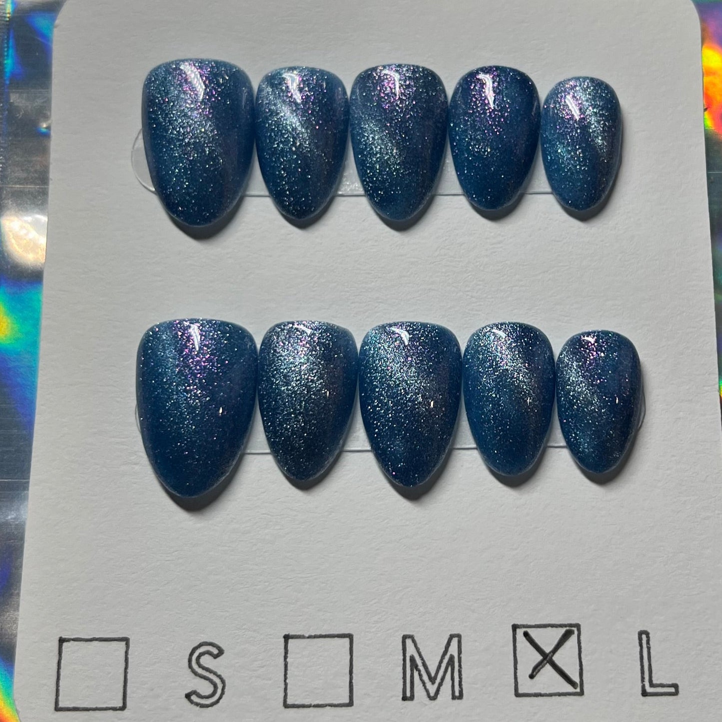 "Cosmic Ocean" Blue Sparkle Cat Eye Press-On Nails | Short Almond Size Large