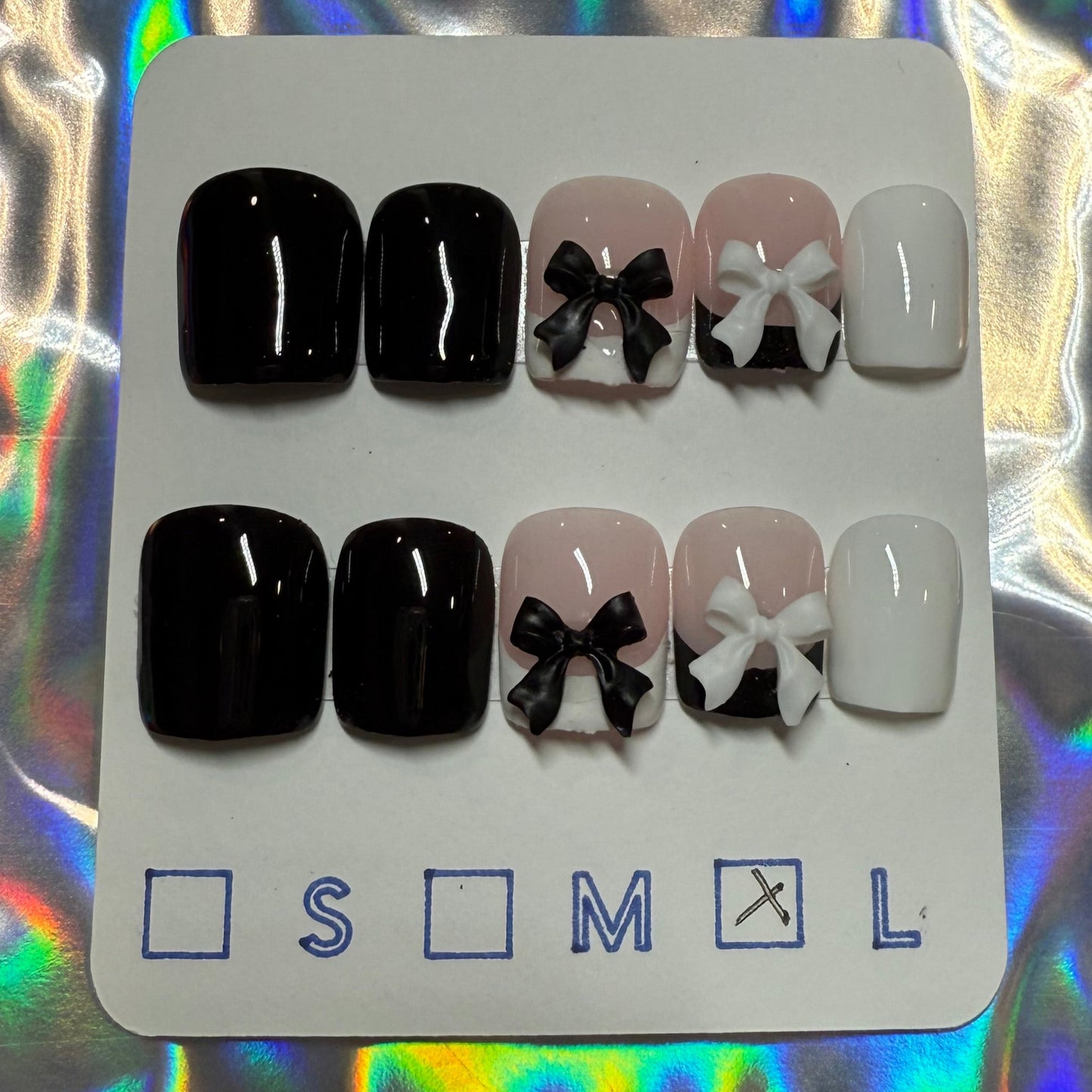 "Bow-Tifully Chic" Black & White French Tip Press-On Nails | Extra Short Square Size Large