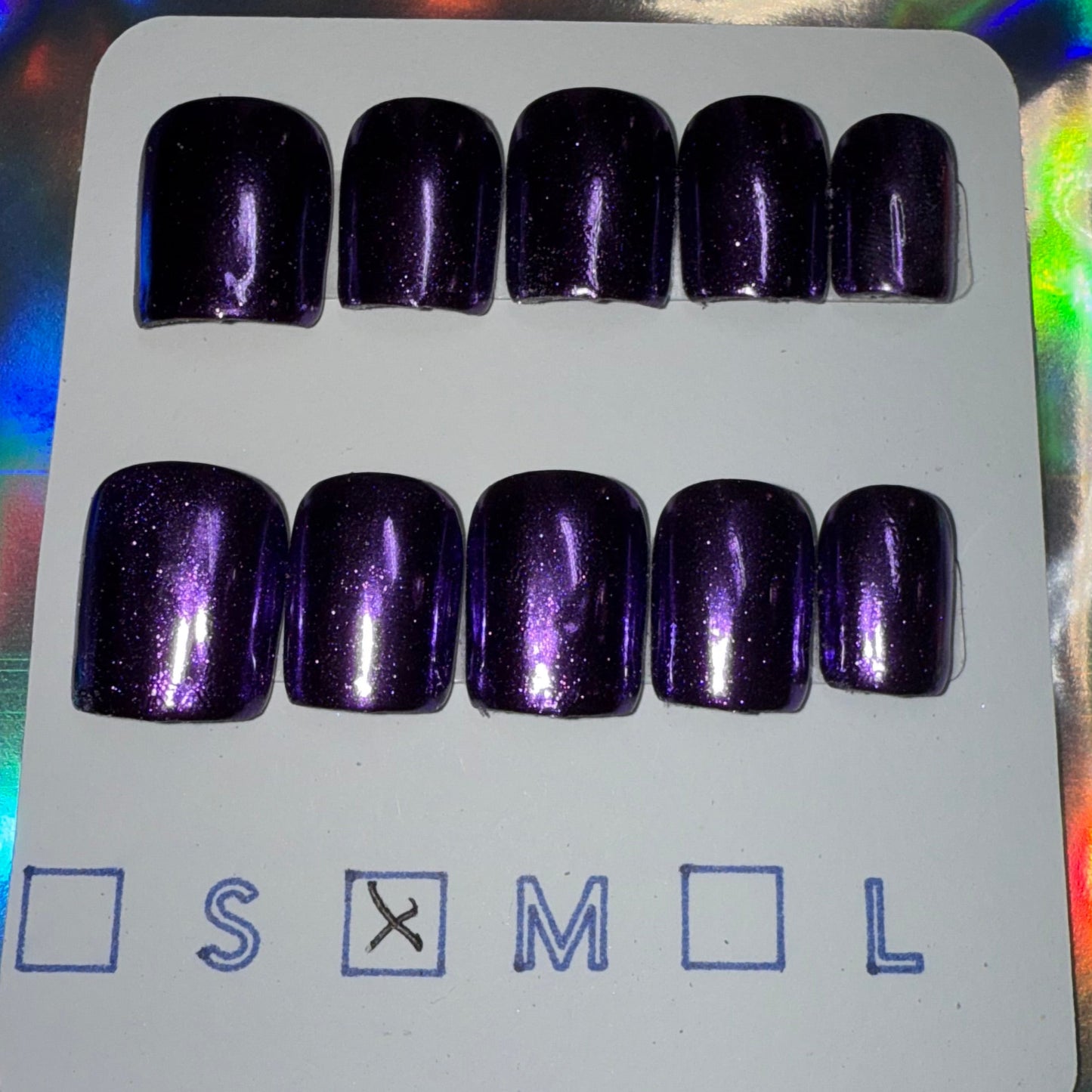 "Violet Voltage" Purple Chrome Press-On Nails | Extra Short Square Size Medium