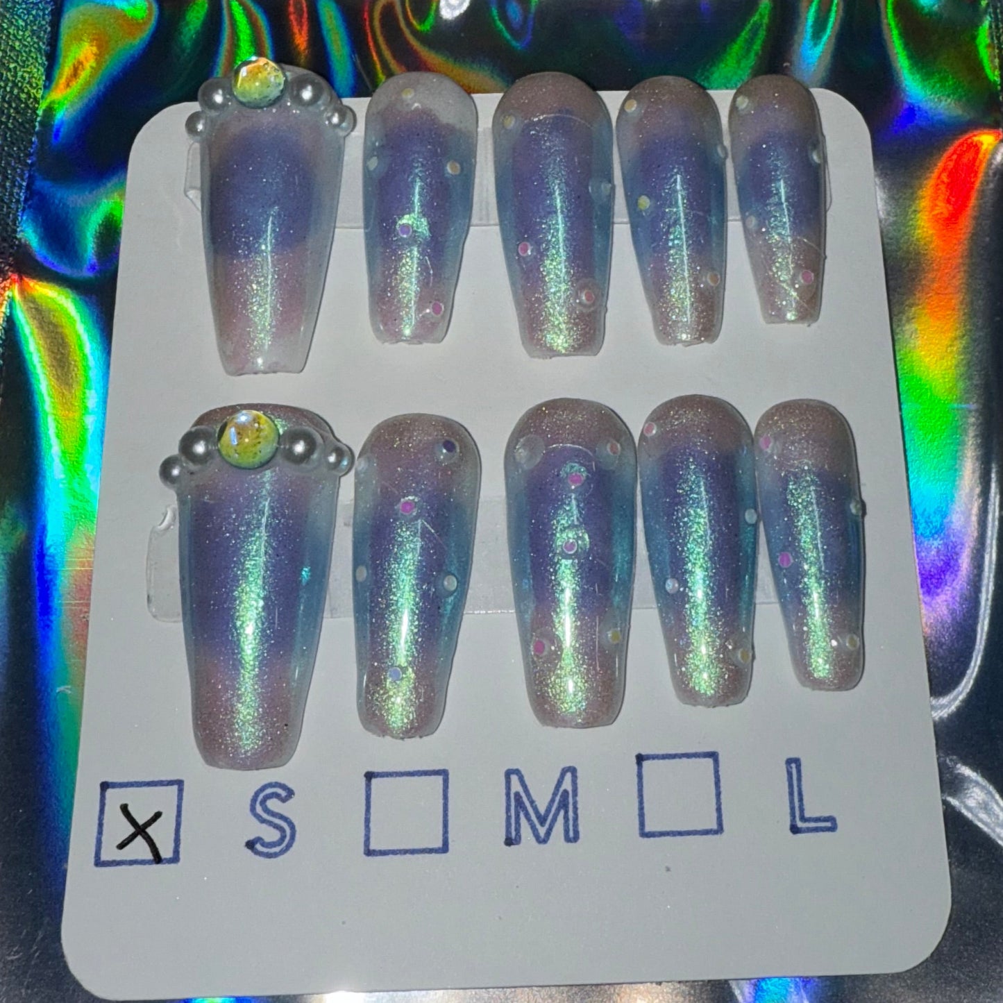 "Celestial Glow" Blue Aura & Gem Press-On Nails | Long Coffin Size Small