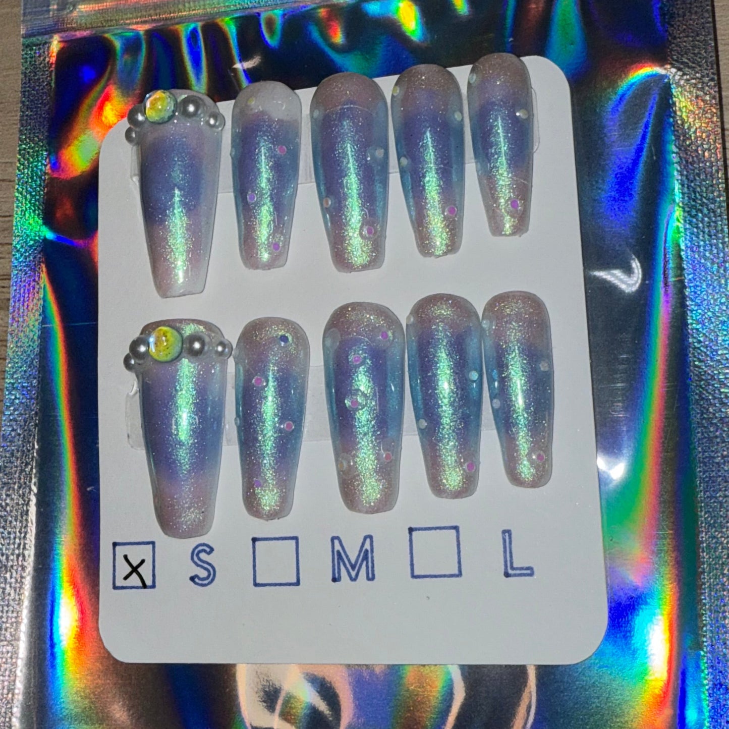 "Celestial Glow" Blue Aura & Gem Press-On Nails | Long Coffin Size Small