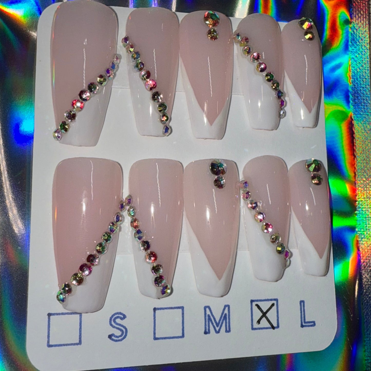 "Diamond Drip" White French Tip & Gem Press-On Nails | Long Coffin Size Large