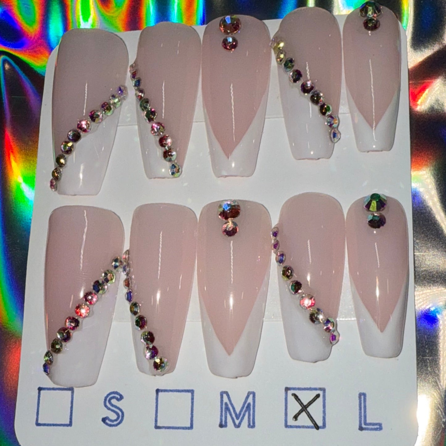 "Diamond Drip" White French Tip & Gem Press-On Nails | Long Coffin Size Large