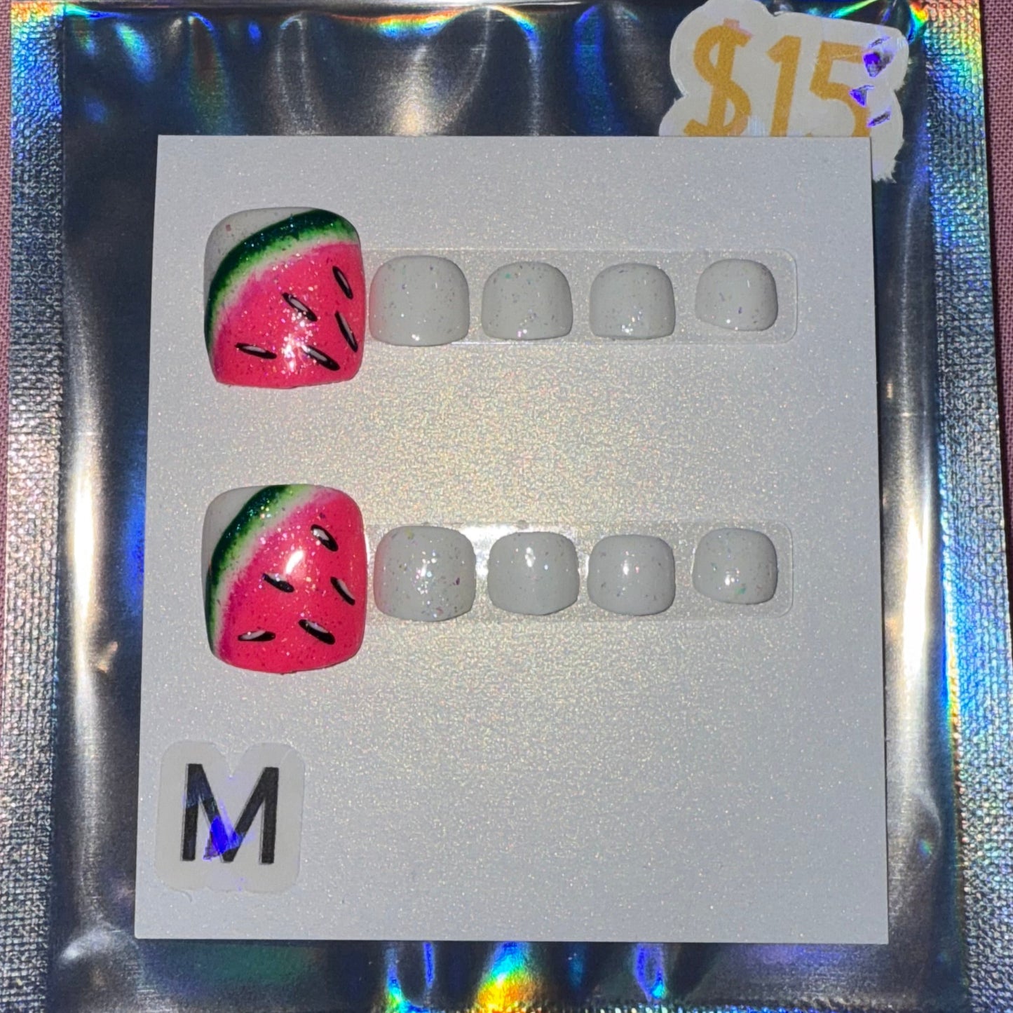 "Frosted Melon" White Glitter & Watermelon Press-On Toenails | Medium