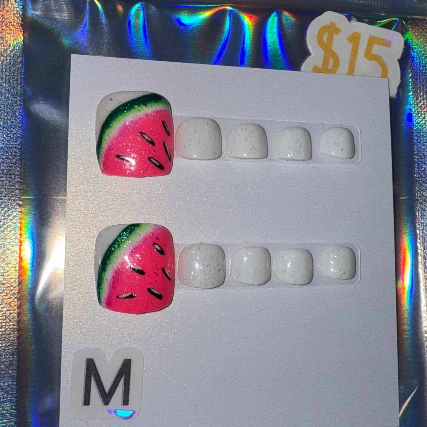 "Frosted Melon" White Glitter & Watermelon Press-On Toenails | Medium