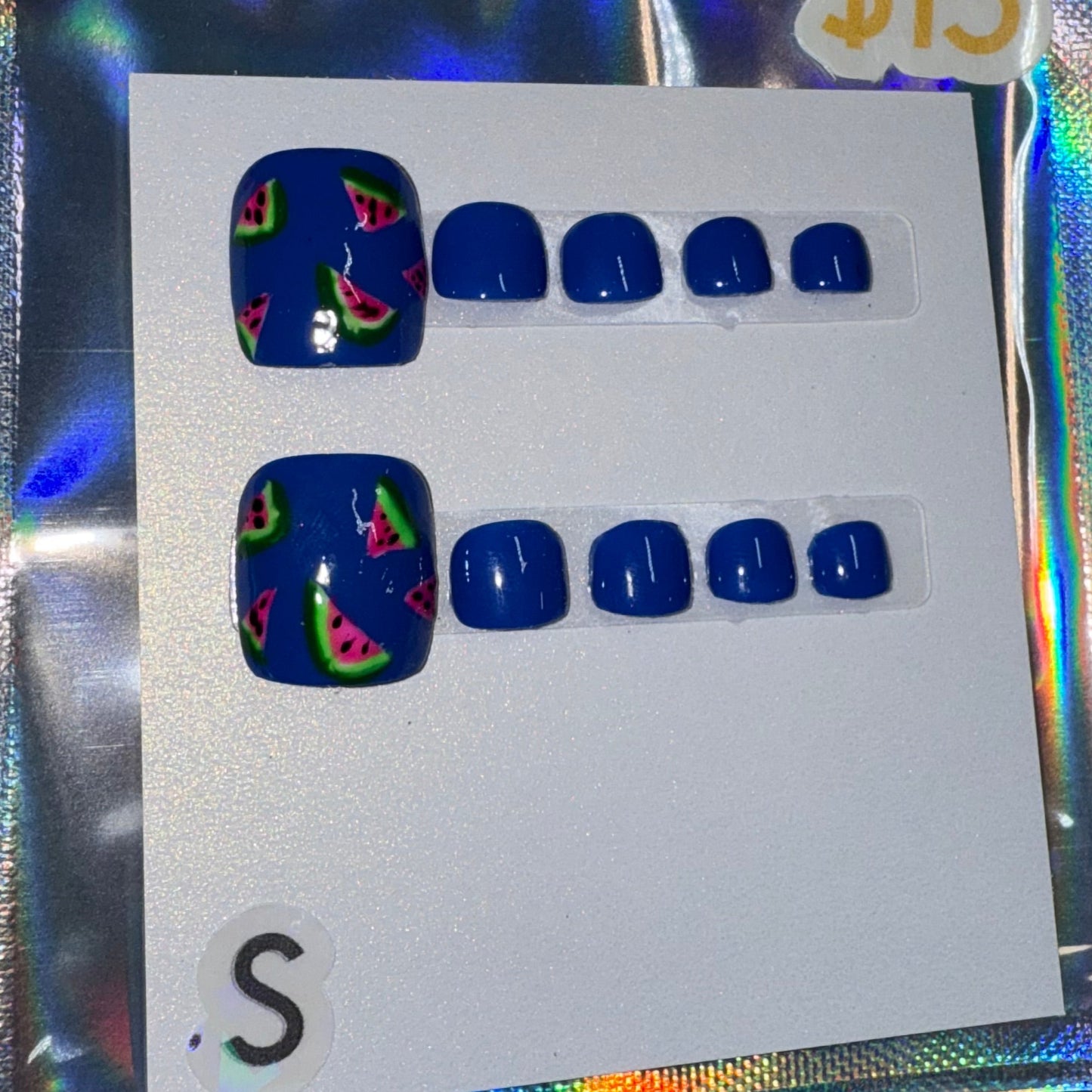 "Berry Splash" Dark Blue & Watermelon Press-On Toenails | Small