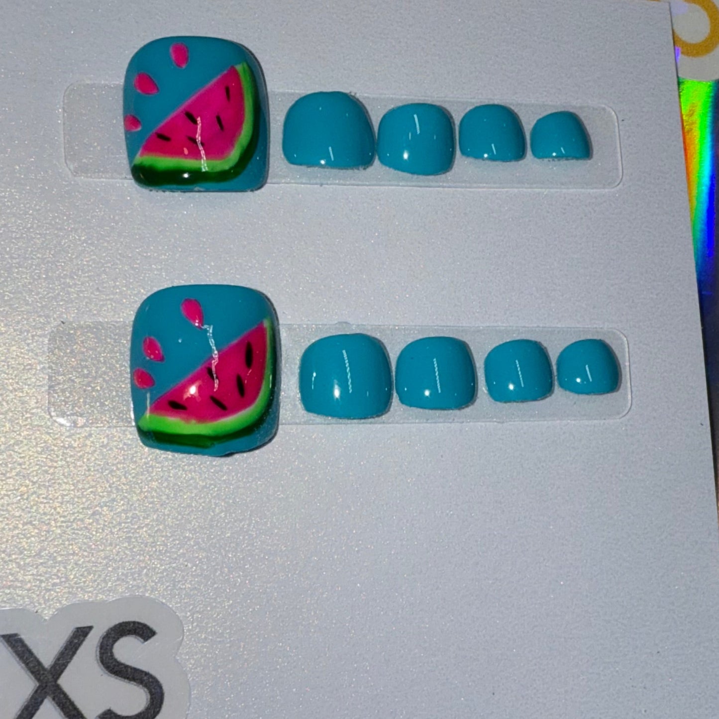 "Tropical Pop" Tiffany Blue Press-On Toenails with Watermelon Accent | Size Extra Small