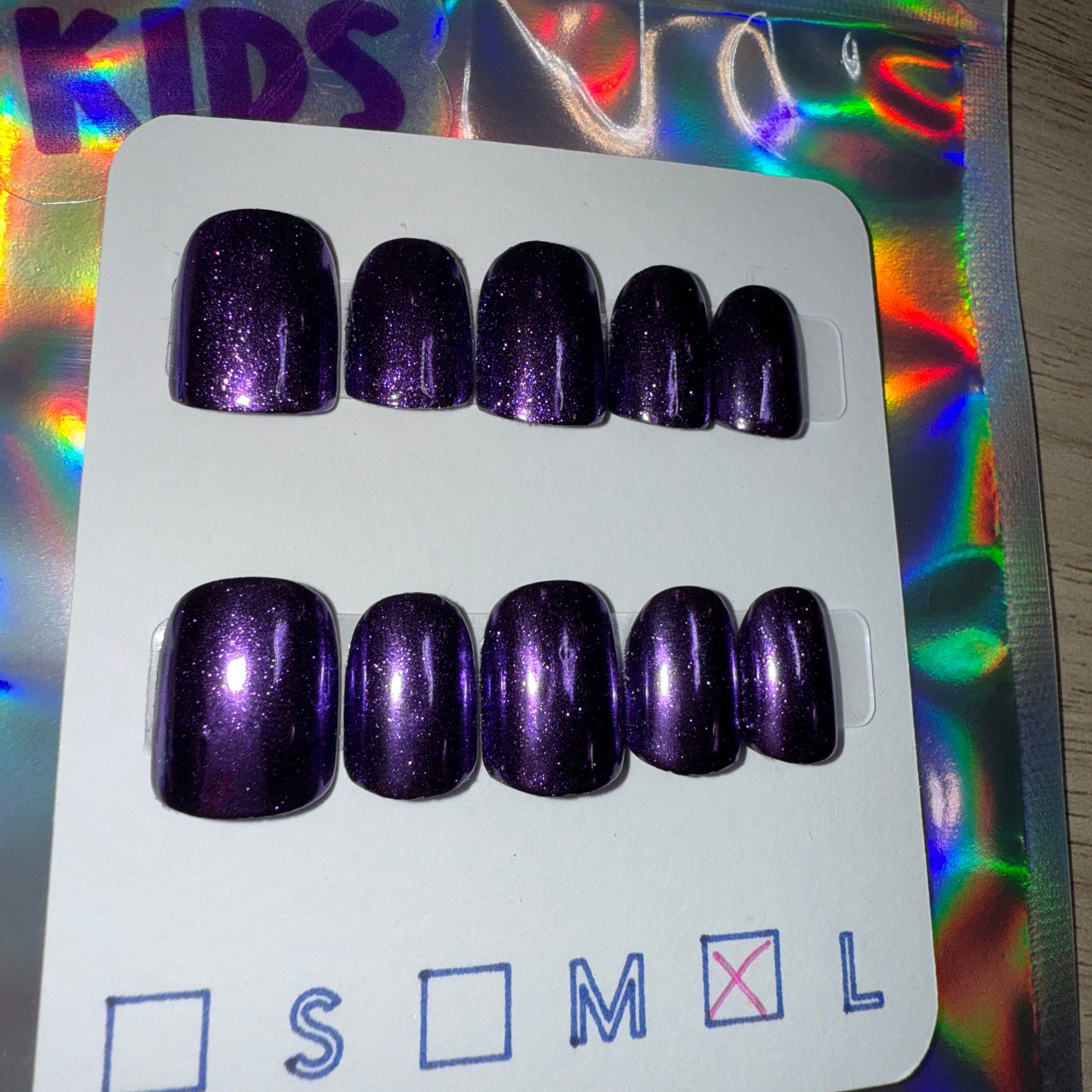 "Galaxy Gaze" Kids Purple Chrome Press-On Nails | Black Base & Short Round Size Large