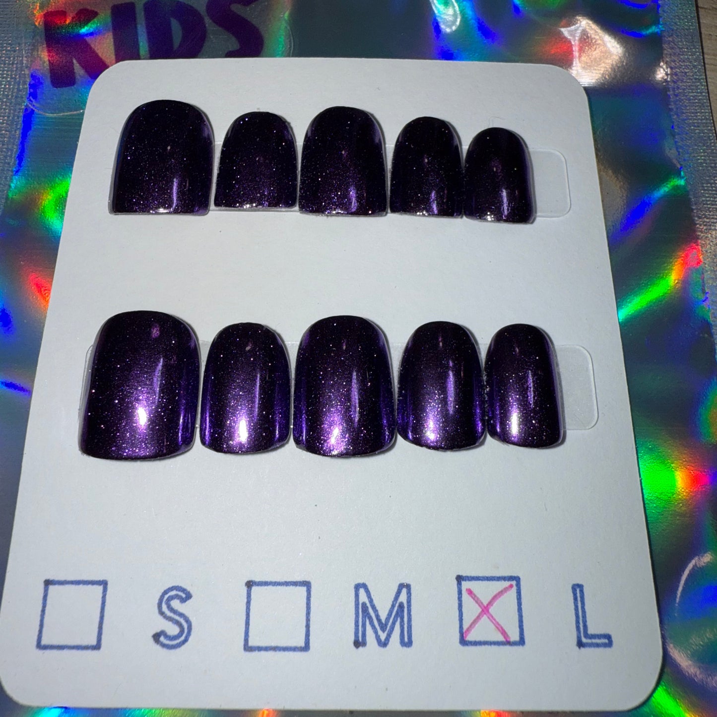 "Galaxy Gaze" Kids Purple Chrome Press-On Nails | Black Base & Short Round Size Large