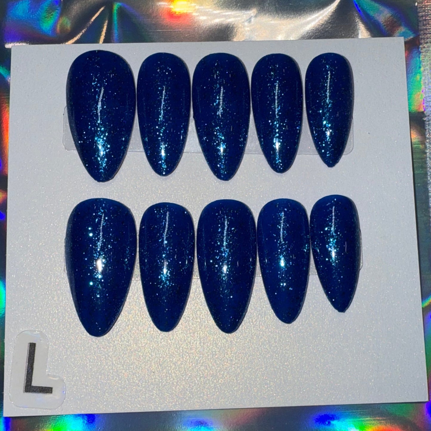 "Azure Sparkle" Blue Glitter Press-On Nails | Medium Almond Size Large