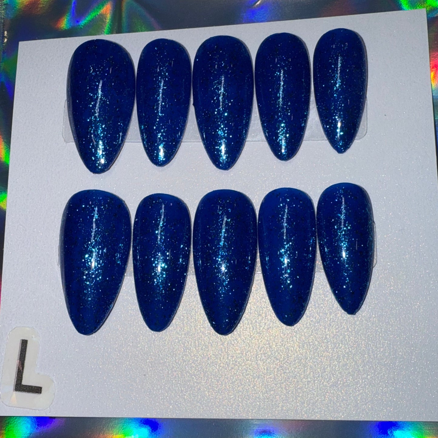 "Azure Sparkle" Blue Glitter Press-On Nails | Medium Almond Size Large