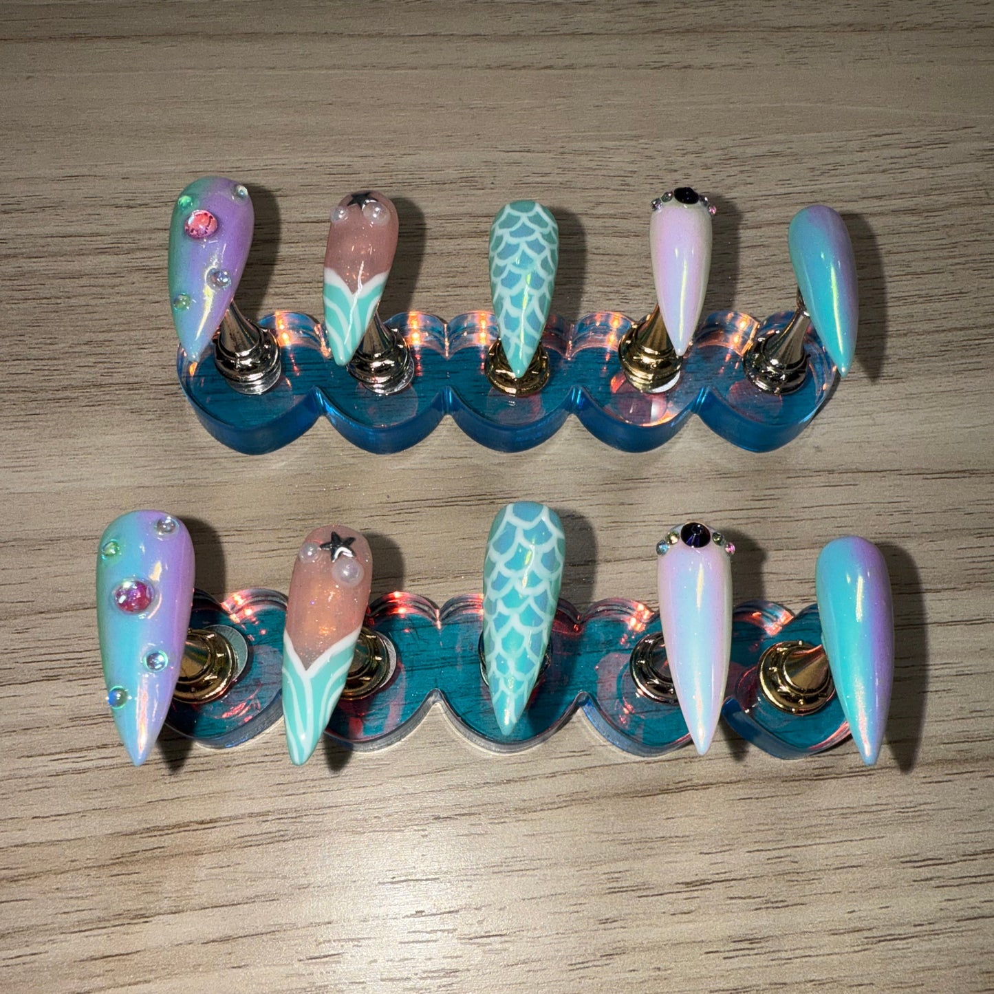 "Enchanted Abyss" Mermaid Chrome, Ombre & Scales Press-On Nails | Long Stiletto Size Medium