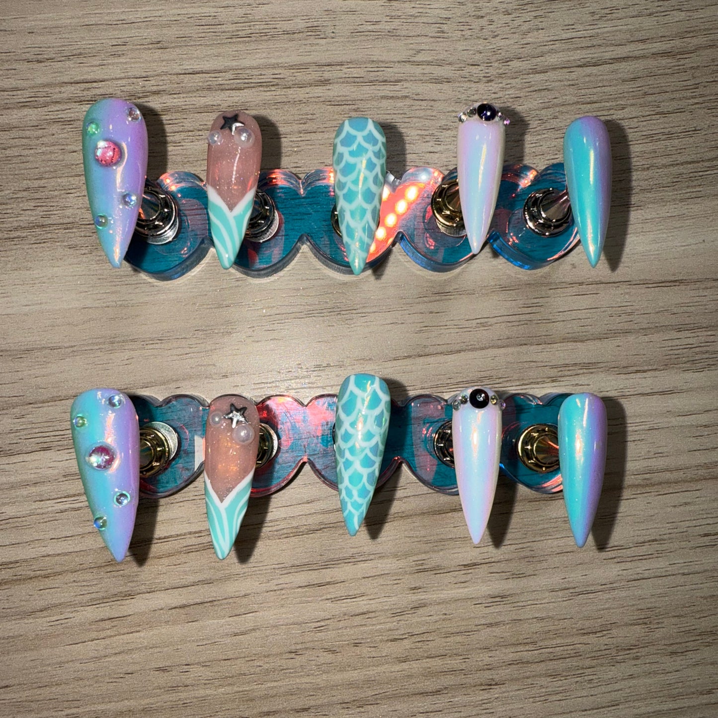 "Enchanted Abyss" Mermaid Chrome, Ombre & Scales Press-On Nails | Long Stiletto Size Medium