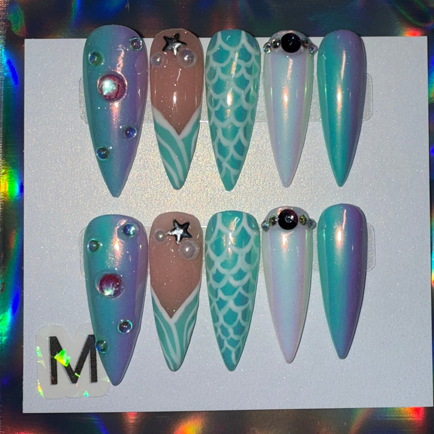 "Enchanted Abyss" Mermaid Chrome, Ombre & Scales Press-On Nails | Long Stiletto Size Medium