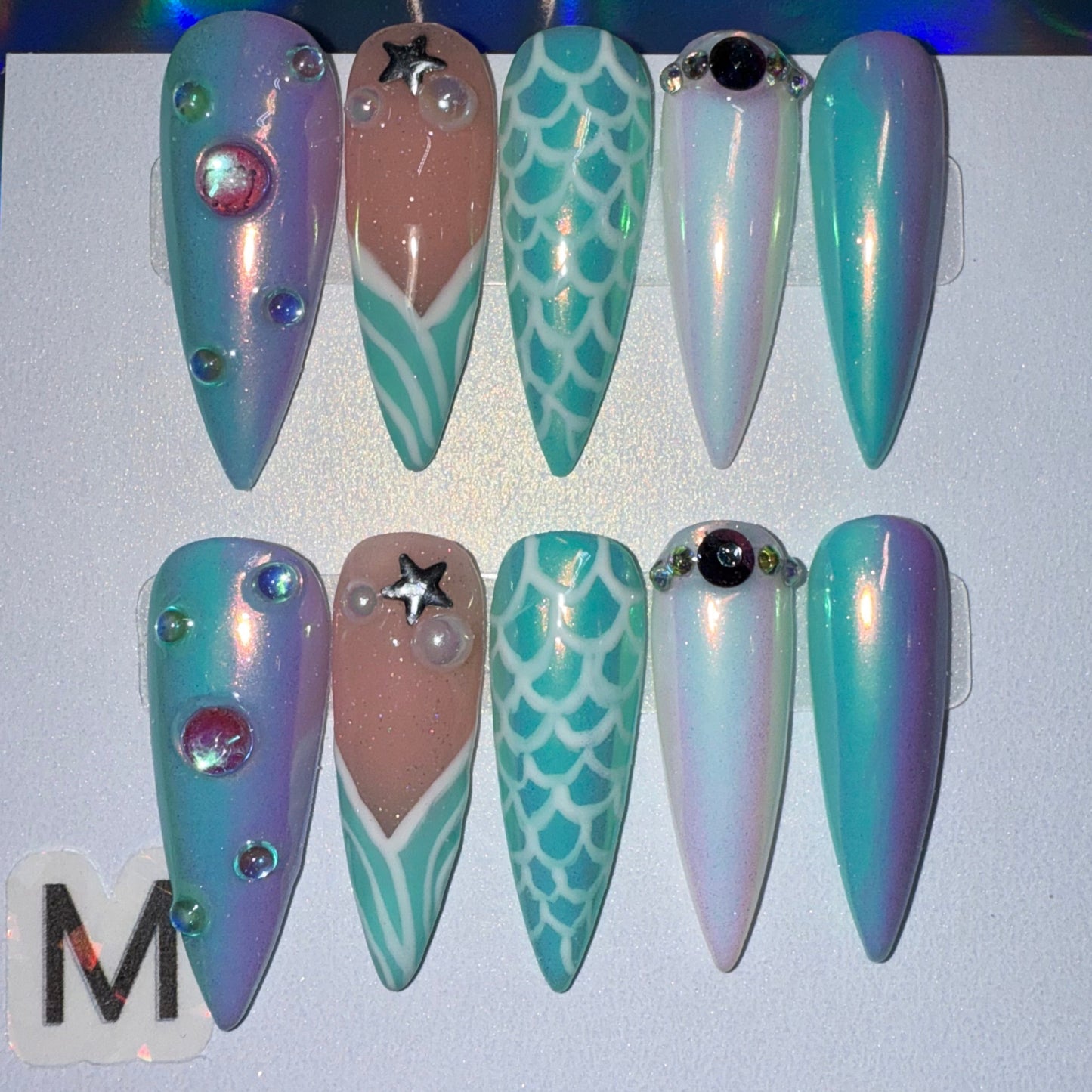 "Enchanted Abyss" Mermaid Chrome, Ombre & Scales Press-On Nails | Long Stiletto Size Medium