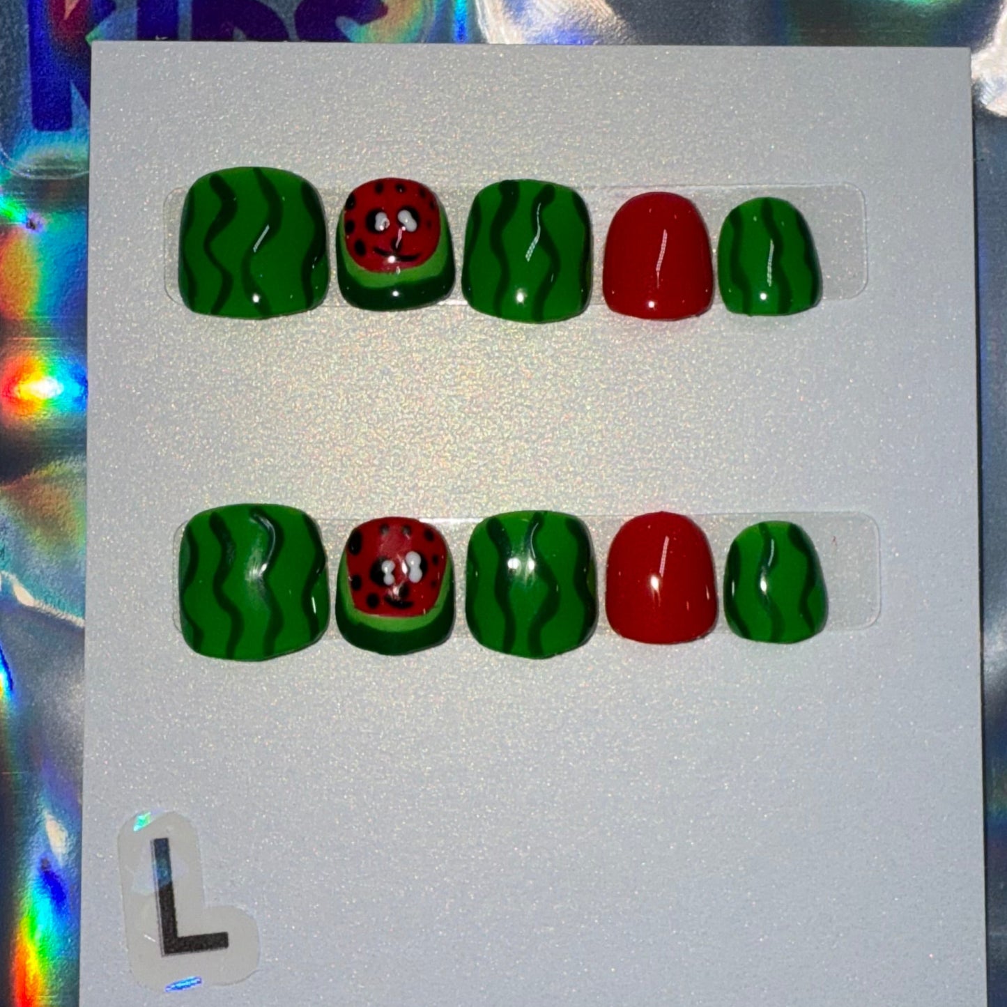 "Melon Mania" Kids Watermelon & Wavy Green Press-On Nails |Size Large